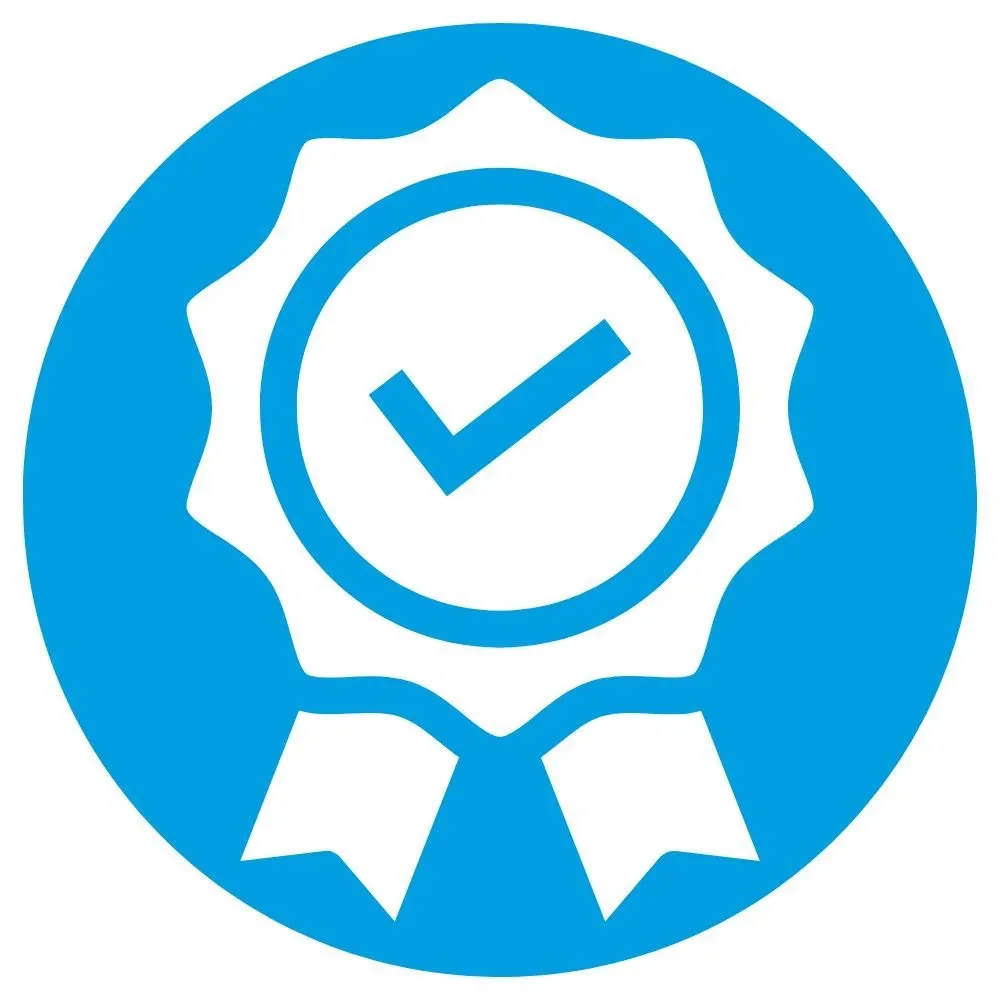 A blue badge with a white checkmark inside a circle and ribbon, symbolizing certification or approval.
