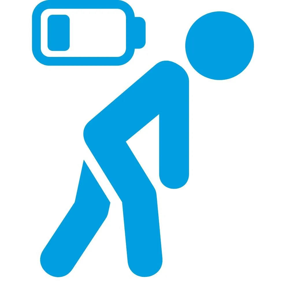 Blue icon of a person bending forward, holding a smartphone, with a blue battery symbol above their head.