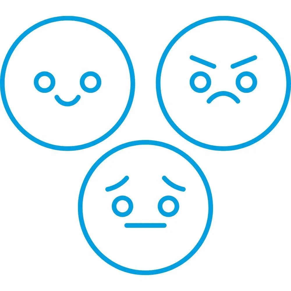 Three blue outlined emoticon faces displaying happy, angry, and sad expressions.