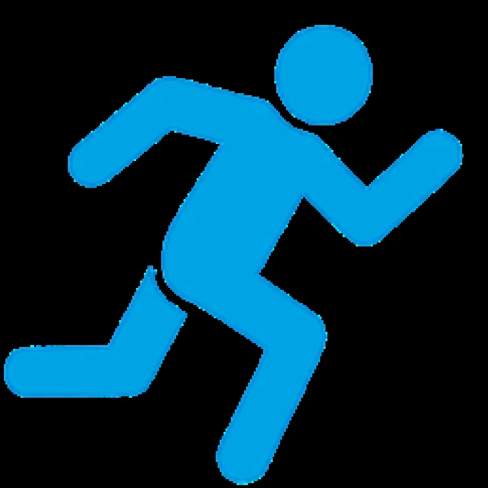 Blue stylized icon of a running person.