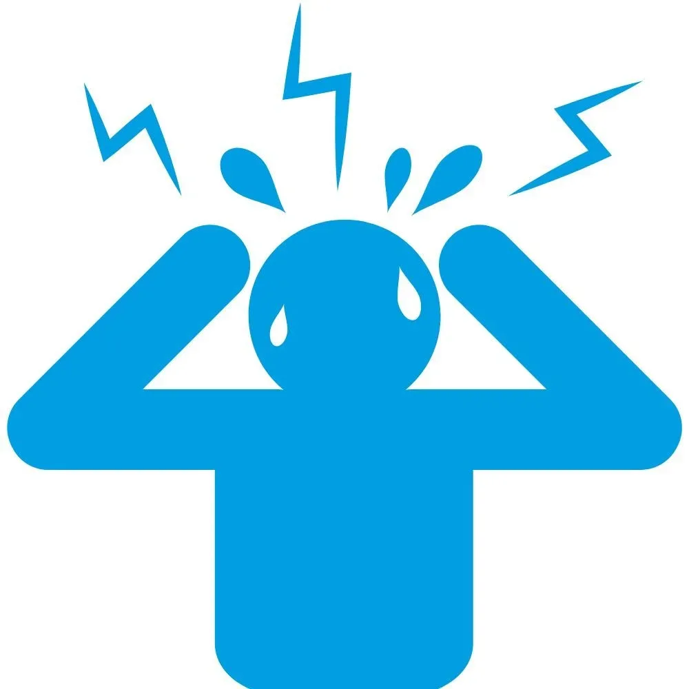 Blue icon of a person with hands on head, sweating, and lightning bolts indicating stress or headache.