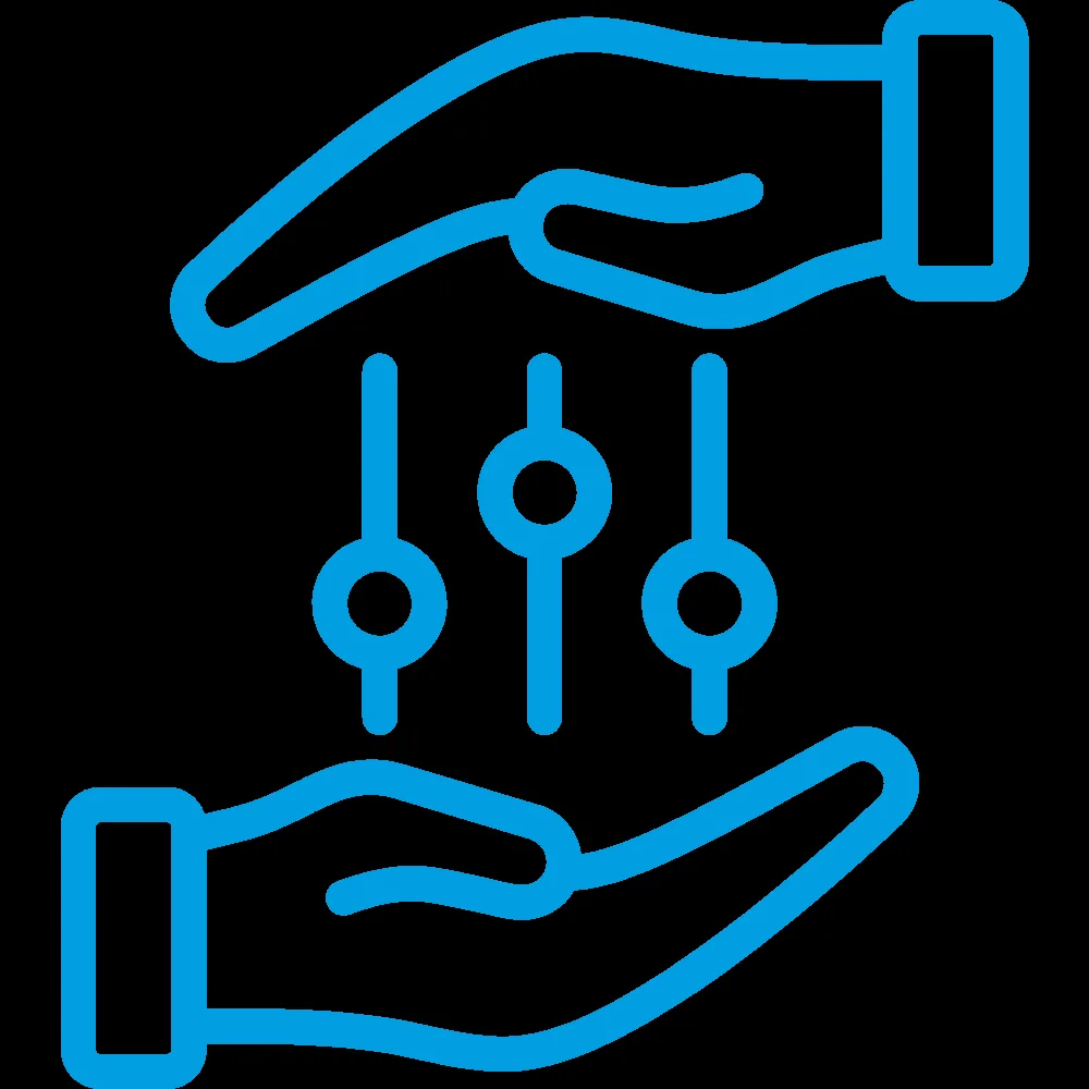 Icon of two hands holding a circuit board with three sliders, representing digital control or adjustment.