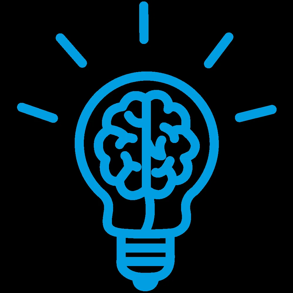 Blue line drawing of a lightbulb with a brain inside, surrounded by rays indicating ideas or creativity.