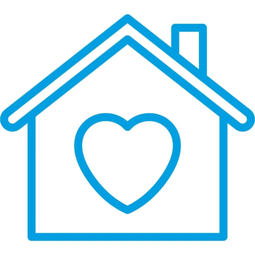 Outline of a house with a heart inside, all in blue line art.