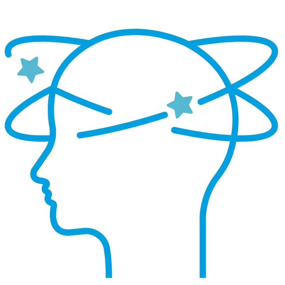 Outline of a human head in profile with blue lines representing an abstract, stylized depiction of the mind or imagination, including stars and orbit-like lines.